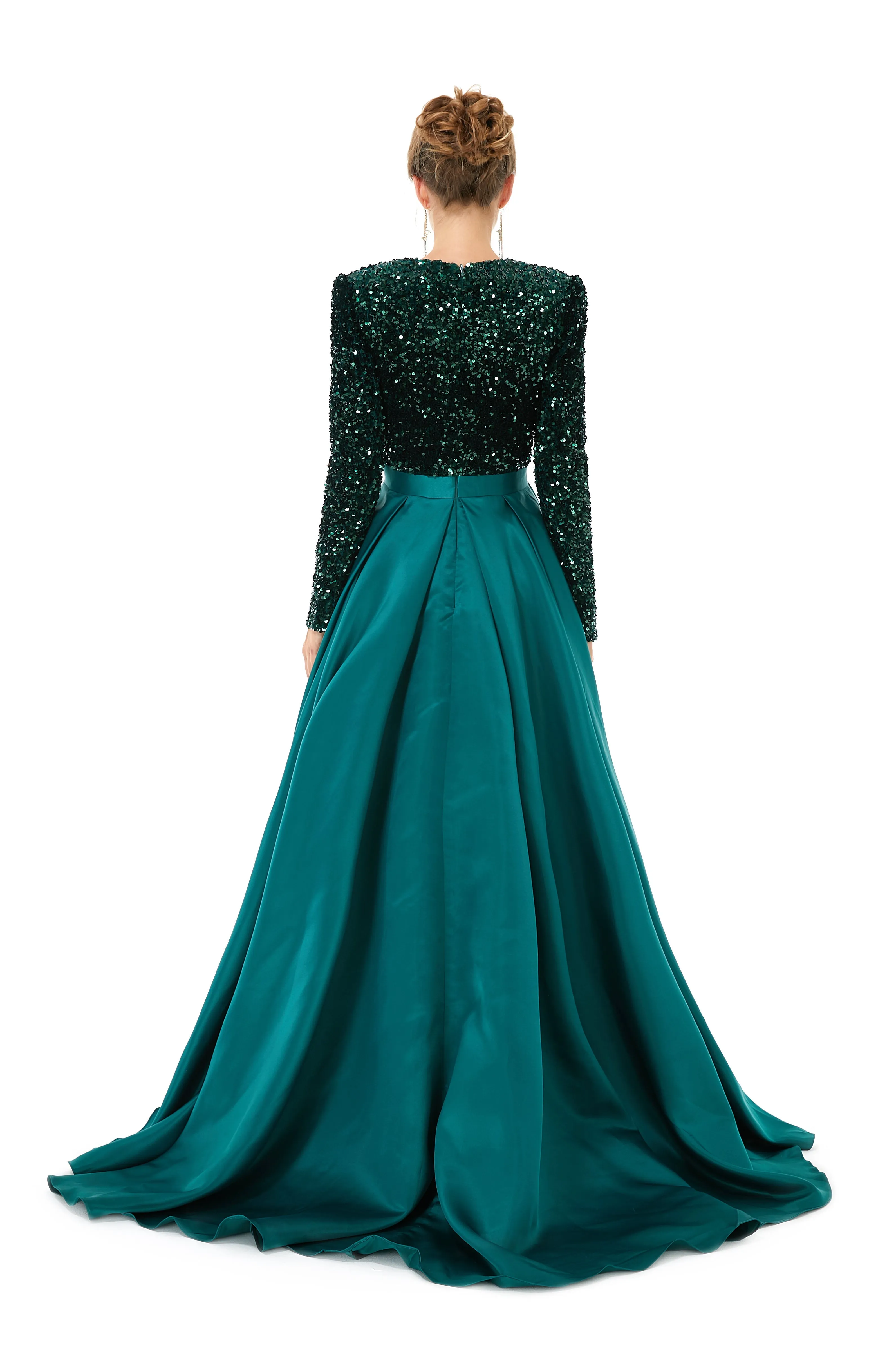 Elegant Long sleeve Deep V-neck Dark green Evening Dress | Ballbella Real Shooting
