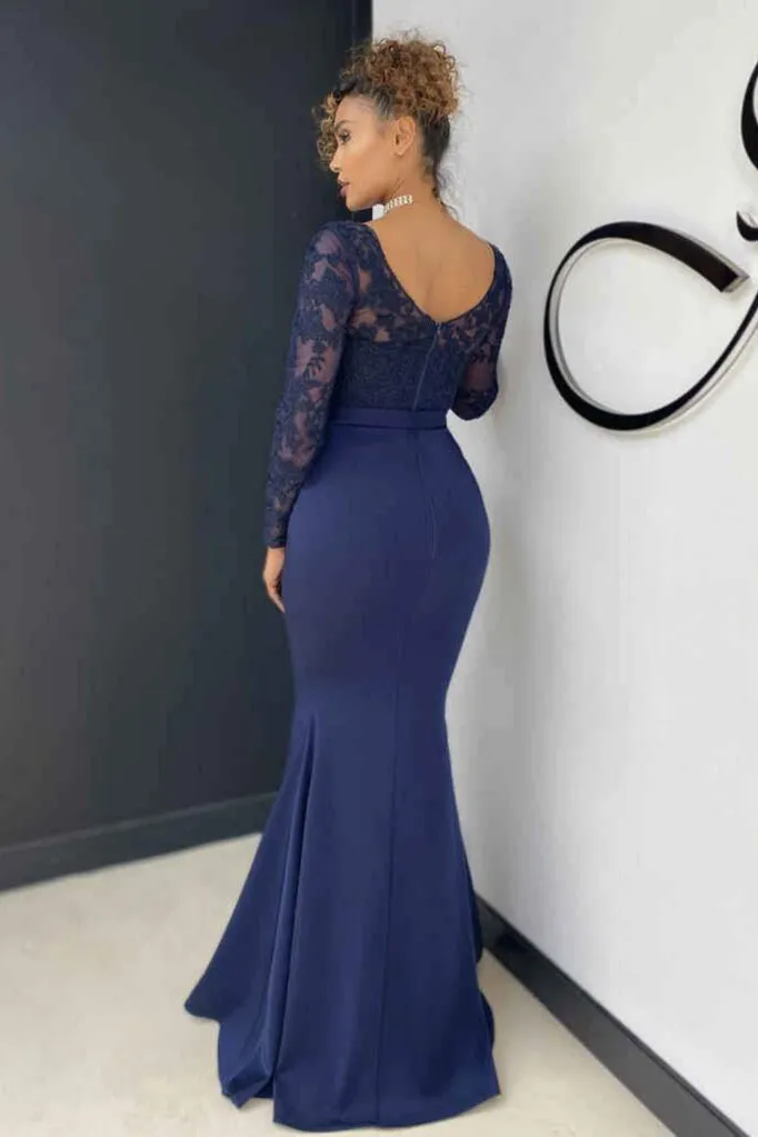 Elegant Long Sleeve Lace Evening Dress Mermaid V-Neck Online