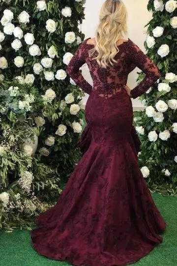 Elegant Long Sleeves Burgundy Evening Dress Mermaid Lace Appliques