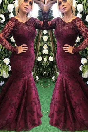 Elegant Long Sleeves Burgundy Evening Dress Mermaid Lace Appliques