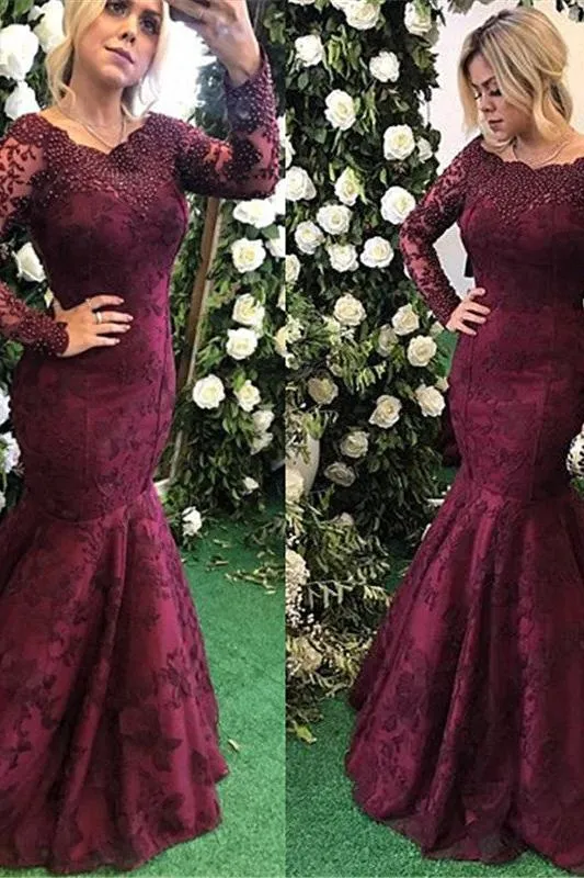 Elegant Long Sleeves Burgundy Evening Dress Mermaid Lace Appliques
