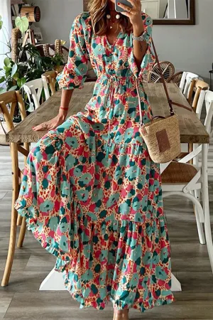 Elegant Print Patchwork V Neck A Line Dresses