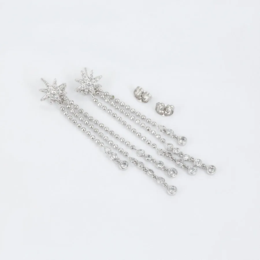 Elegant Rhodium Plated CZ Diamond Star Tassel Earring