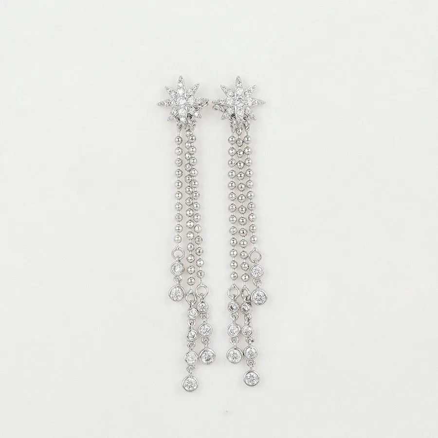 Elegant Rhodium Plated CZ Diamond Star Tassel Earring