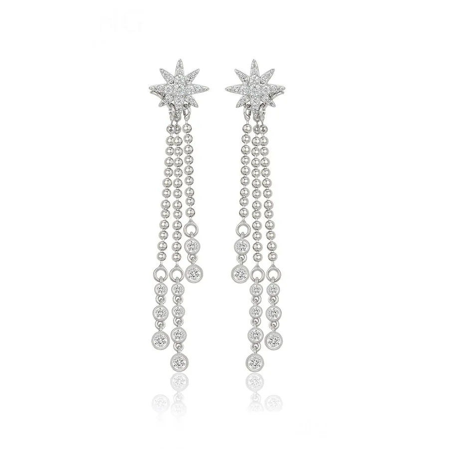 Elegant Rhodium Plated CZ Diamond Star Tassel Earring