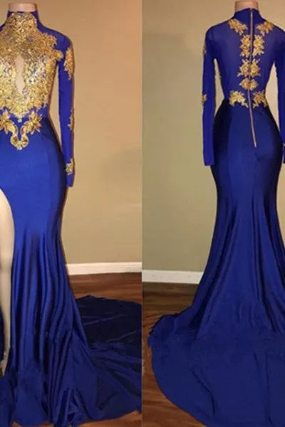 Elegant Royal Blue Prom Party GownsMermaid Long Sleeves With Appliques