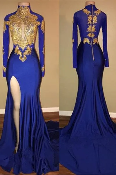 Elegant Royal Blue Prom Party GownsMermaid Long Sleeves With Appliques