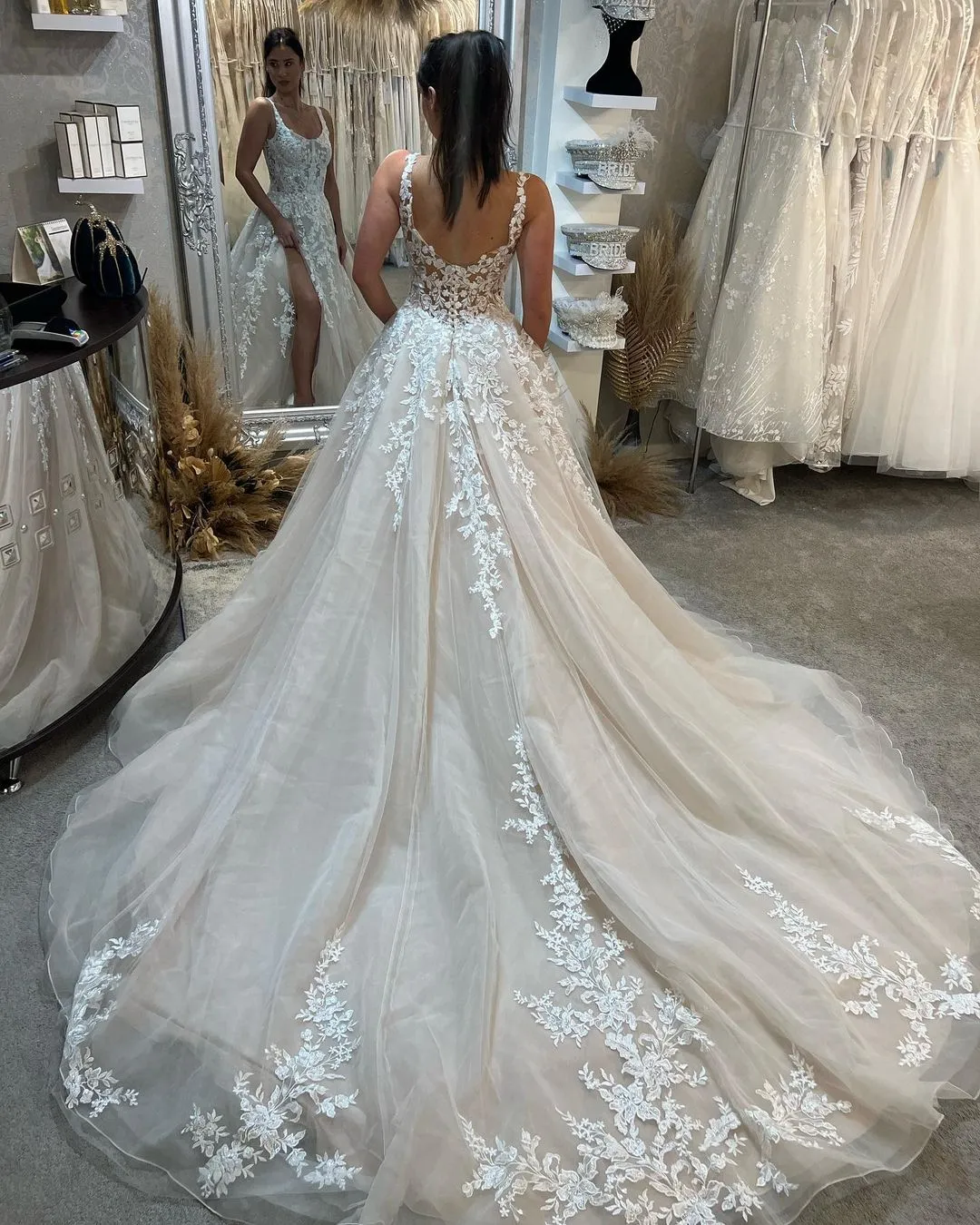 Elegant Sleeveless Straps Lace Wedding Dress Long Slit Online