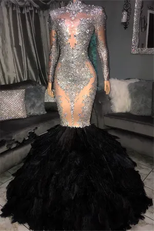 Elegant Sliver Seuqins High Neck Long Sleevess Fur Mermaid Prom Dresses