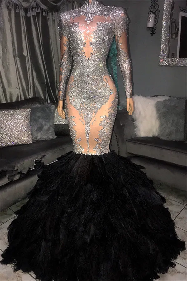 Elegant Sliver Seuqins High Neck Long Sleevess Fur Mermaid Prom Dresses