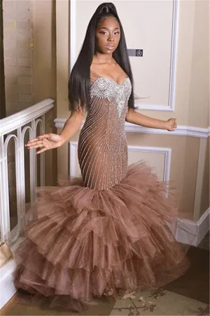 Elegant Straps Sleeveless Applique Tulle Mermaid Prom Party Gowns