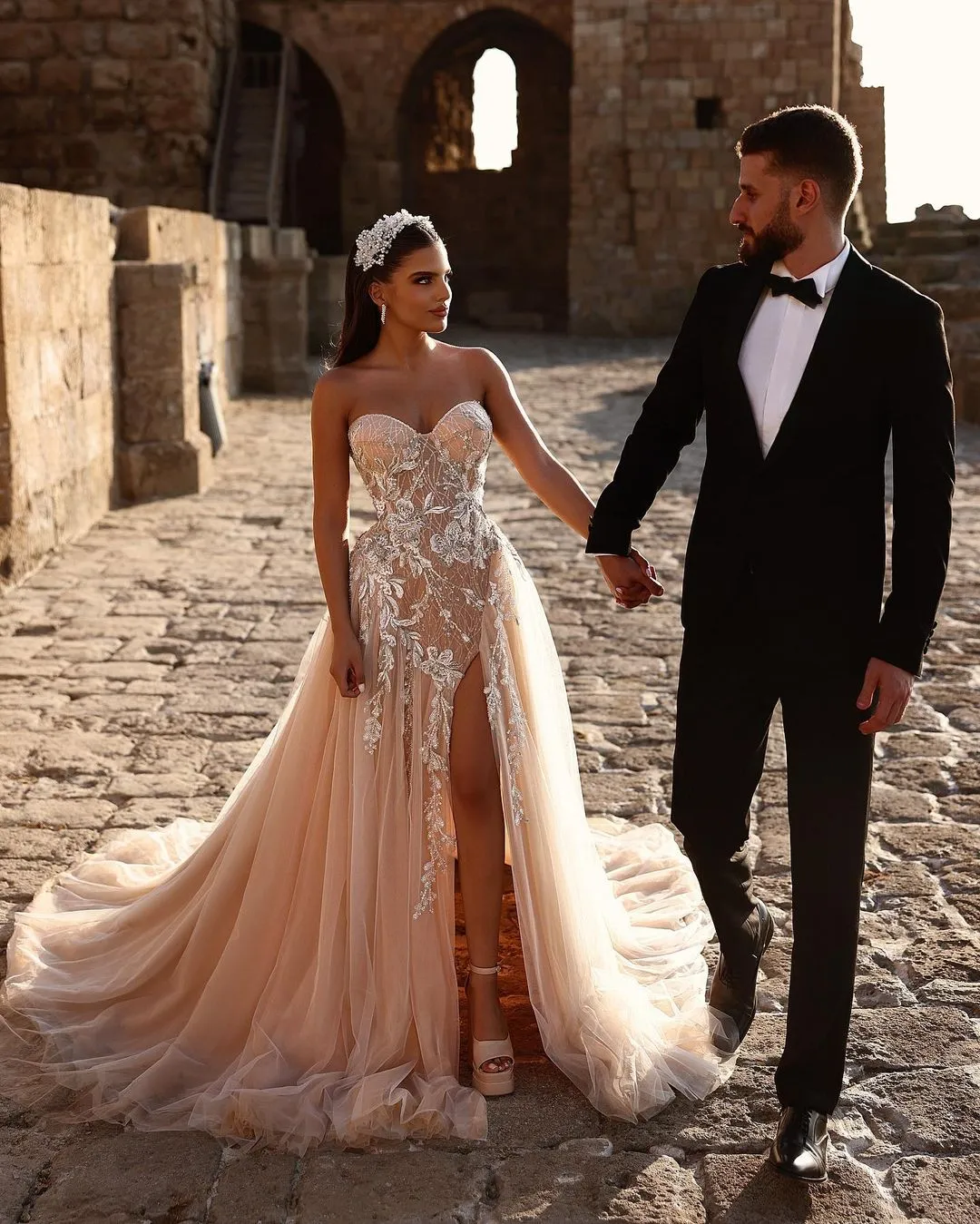 Elegant Sweetheart Long Glitter Lace Wedding Dress Long Slit Online