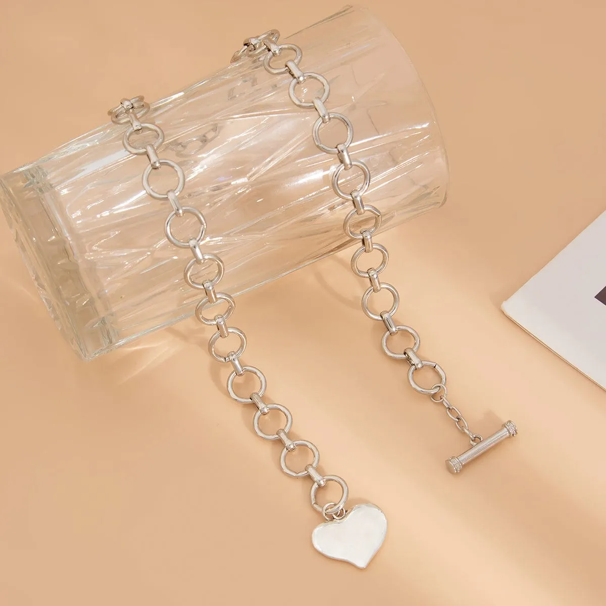 Elegant Toggle Clasp Gold Silver Tone Heart Pendant Necklace