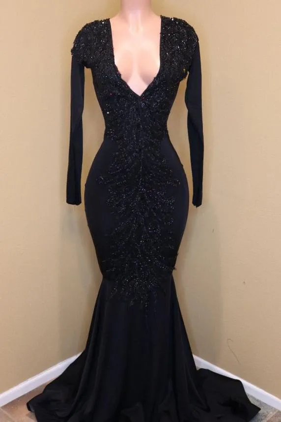Elegant V-Neck Long Sleevess Appliques Sequins Mermaid Zipper Prom Dresses