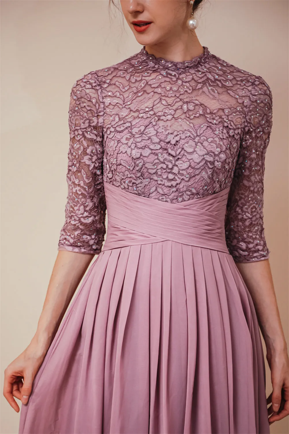 Elegant Violet 3/4 sleeves High waist Beaded Lace Chiffon Evening Dress