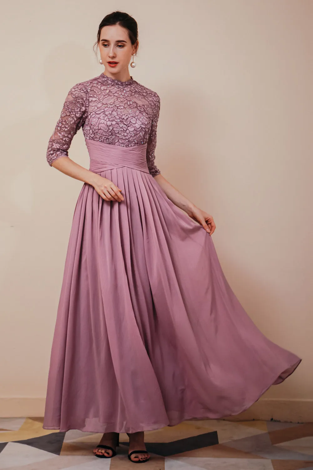 Elegant Violet 3/4 sleeves High waist Beaded Lace Chiffon Evening Dress