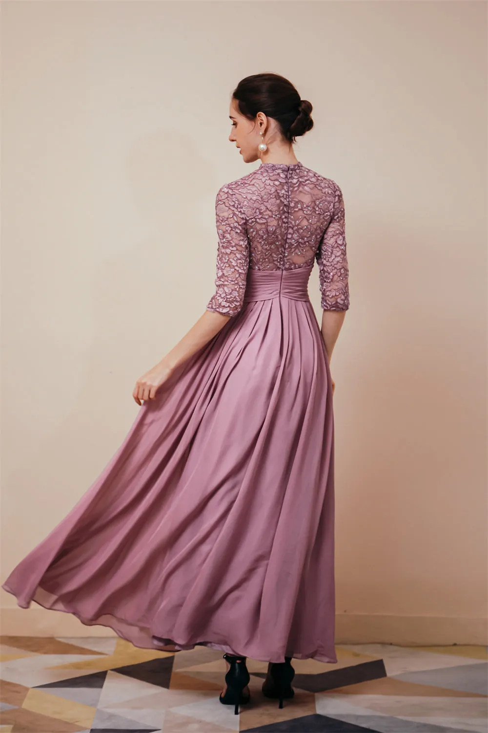 Elegant Violet 3/4 sleeves High waist Beaded Lace Chiffon Evening Dress