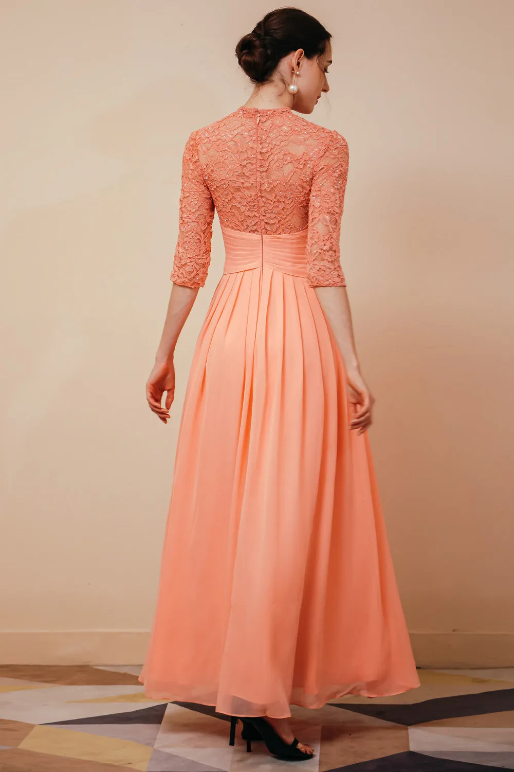 Elegant Violet 3/4 sleeves High waist Beaded Lace Chiffon Evening Dress