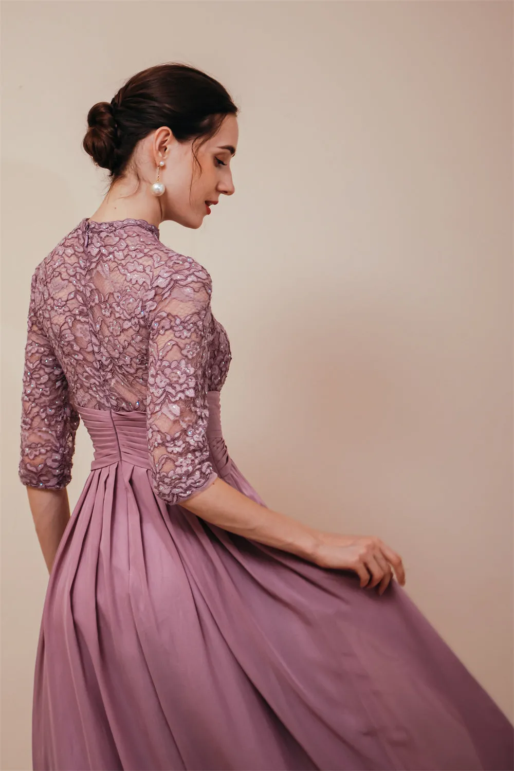 Elegant Violet 3/4 sleeves High waist Beaded Lace Chiffon Evening Dress