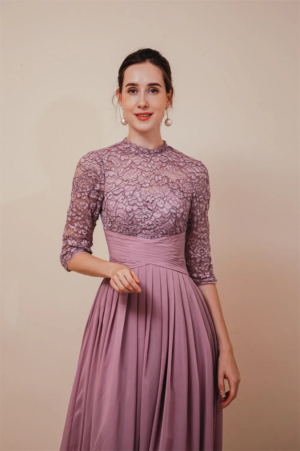 Elegant Violet 3/4 sleeves High waist Beaded Lace Chiffon Evening Dress