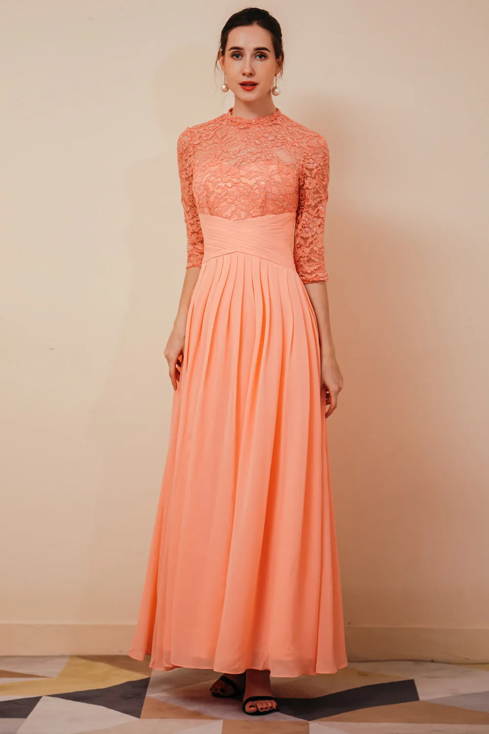 Elegant Violet 3/4 sleeves High waist Beaded Lace Chiffon Evening Dress