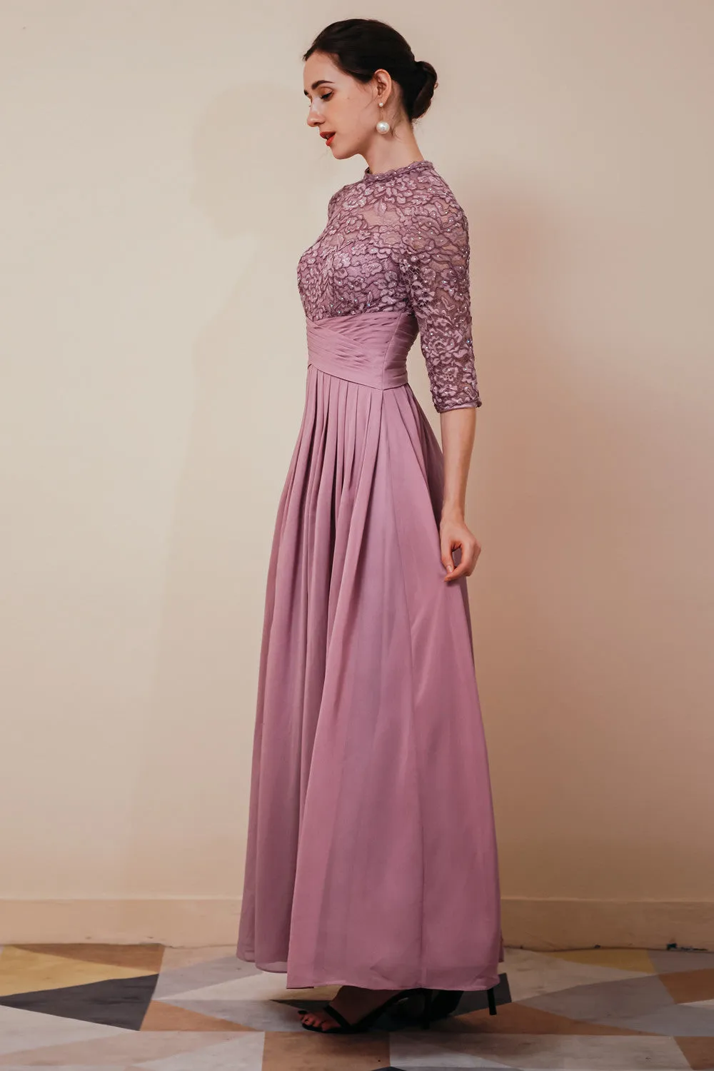 Elegant Violet 3/4 sleeves High waist Beaded Lace Chiffon Evening Dress