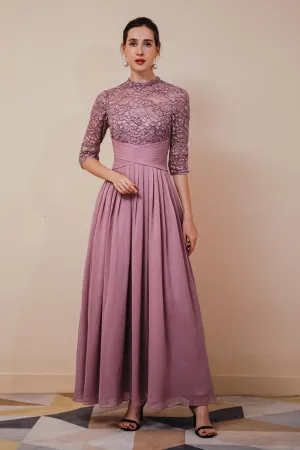 Elegant Violet 3/4 sleeves High waist Beaded Lace Chiffon Evening Dress