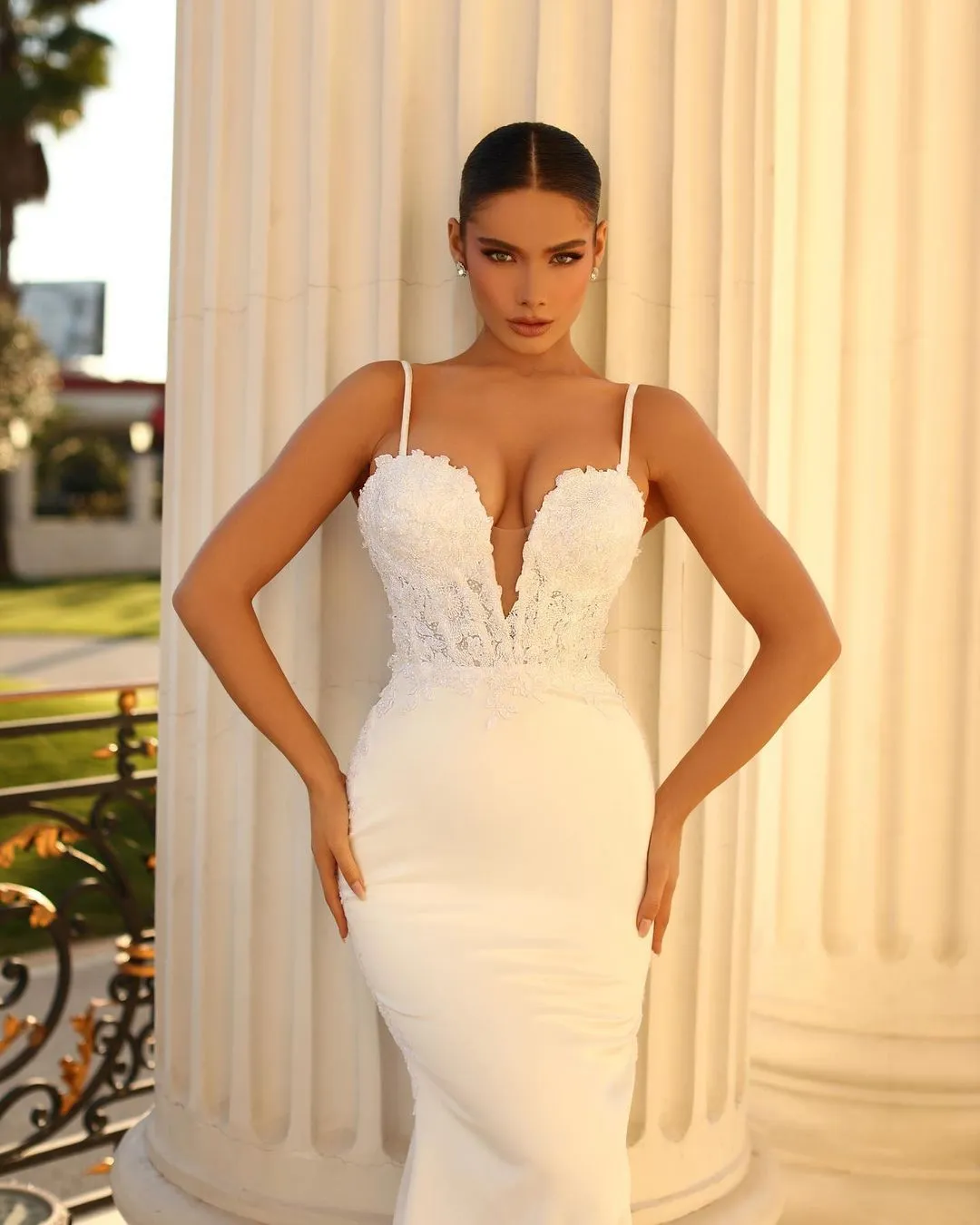 Fabulous Long Ivory Mermaid Spaghetti Straps Lace Satin Laced-up Wedding Dress