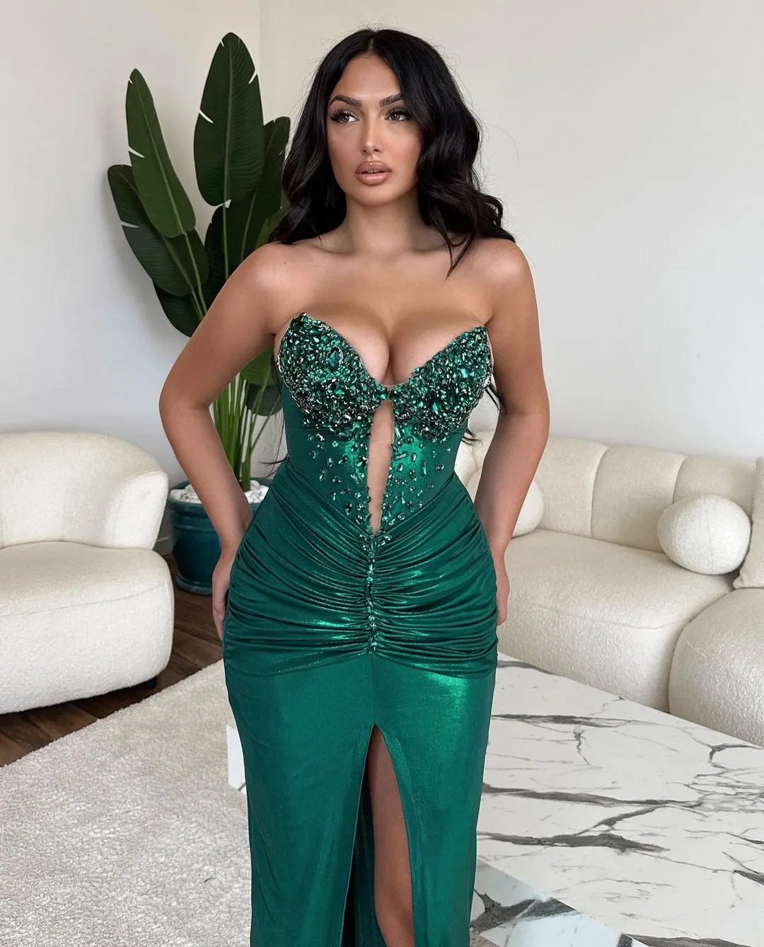Fashion Long Green Mermaid Sequined Sleeveless Prom Dress With Slit