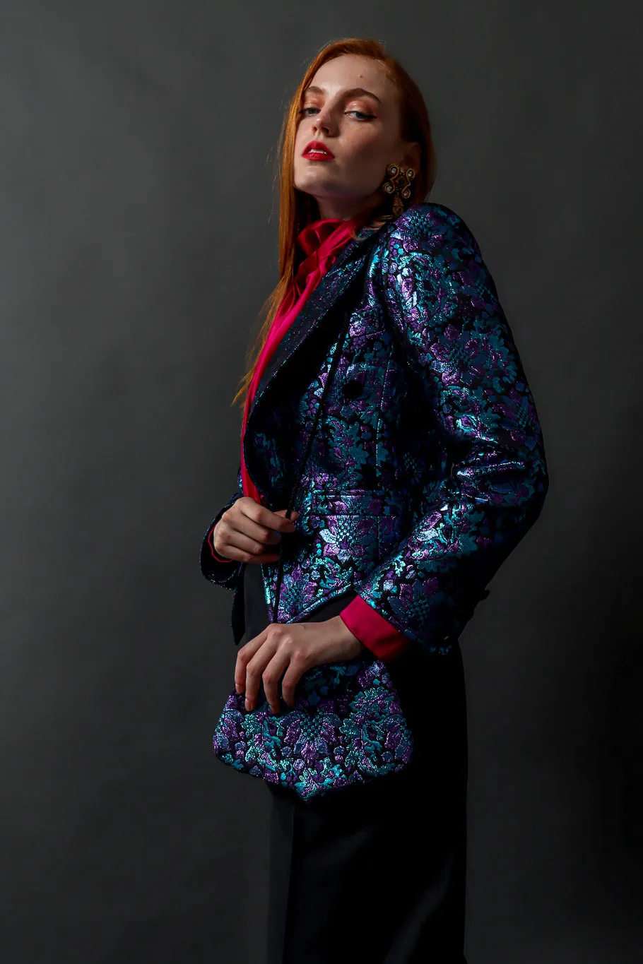 Floral Brocade Metallic Jacket & Bag Set
