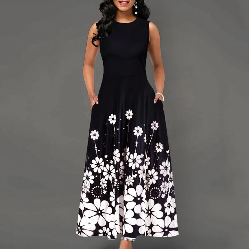 Floral Print Round Neck Half Sleeve Maxi Dress