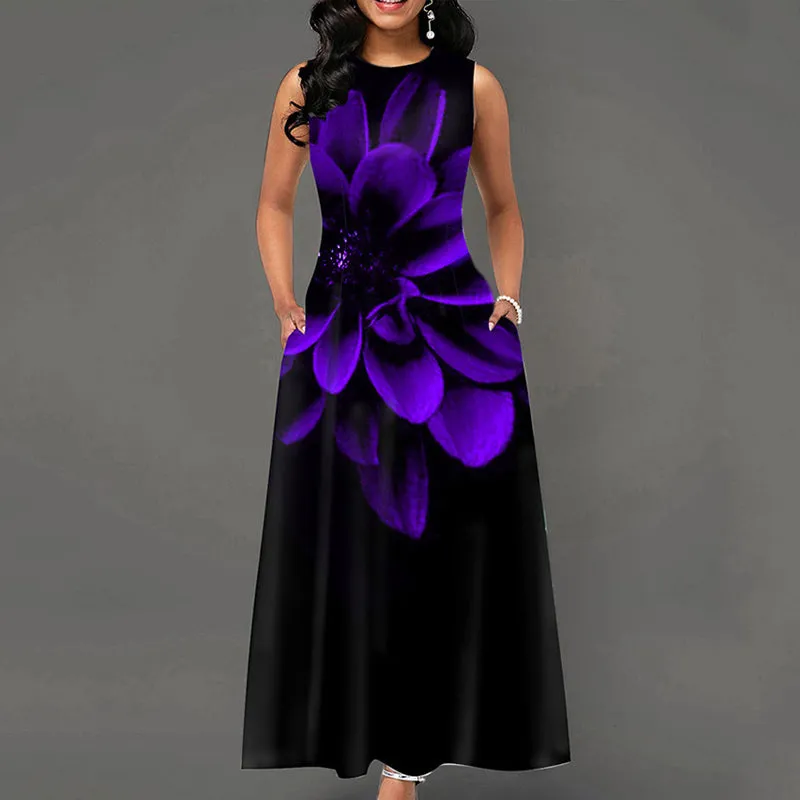 Floral Print Round Neck Half Sleeve Maxi Dress