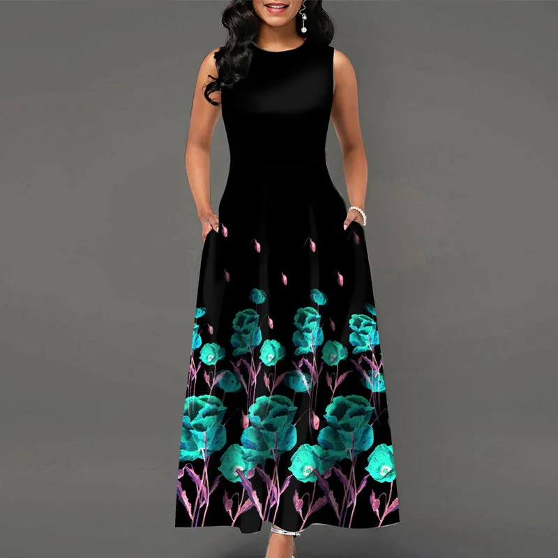 Floral Print Round Neck Half Sleeve Maxi Dress