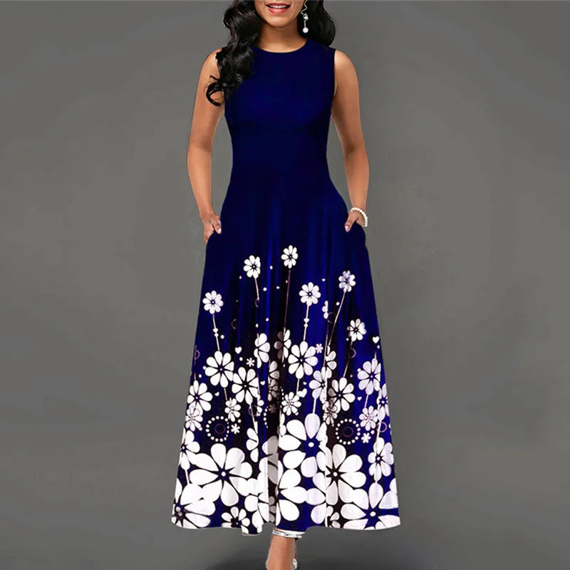 Floral Print Round Neck Half Sleeve Maxi Dress