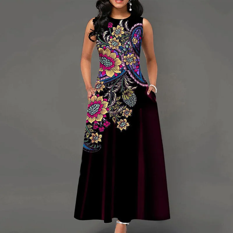 Floral Print Round Neck Half Sleeve Maxi Dress