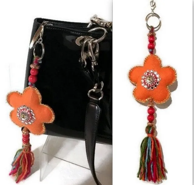 Flower keyring charm, key fob, zipper pull charm, handmade handbag decoration, The orange flower keyring-zipper pull charm