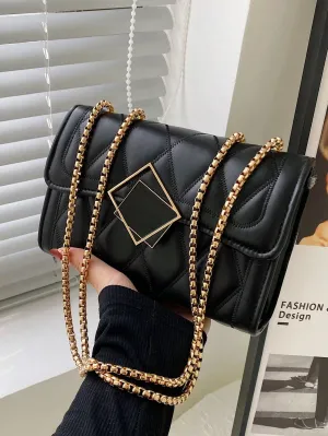 Geo Pattern Quilt Decor Closure Chain Strap Square Bag
