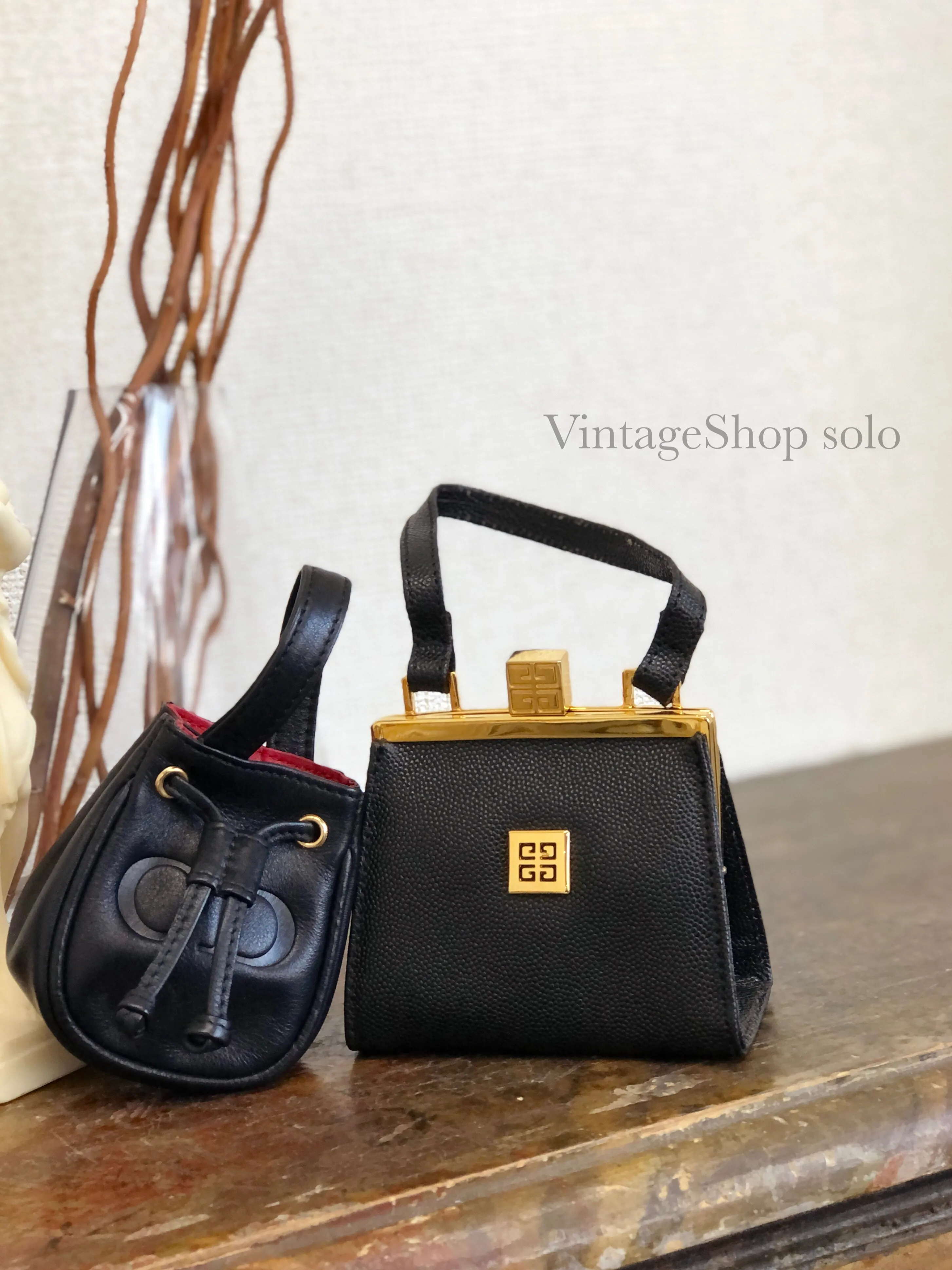 GIVENCHY Logo Clasp Mini Handbag Black Vintage Old gmgwt2