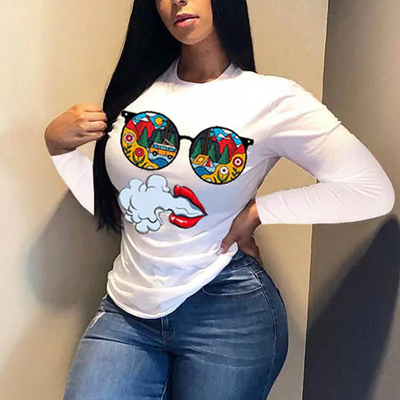 Glasses Smoking Print Long Sleeve T-Shirt