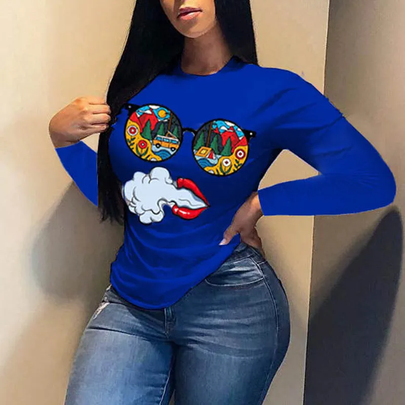Glasses Smoking Print Long Sleeve T-Shirt