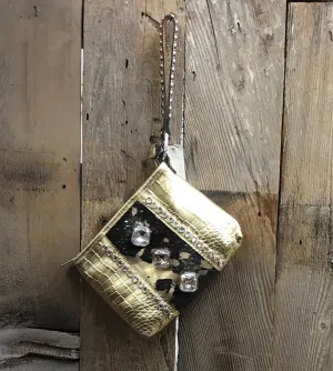 Gold Croc Leather With Gold Cowhide And Three Large Swarovski Crystals