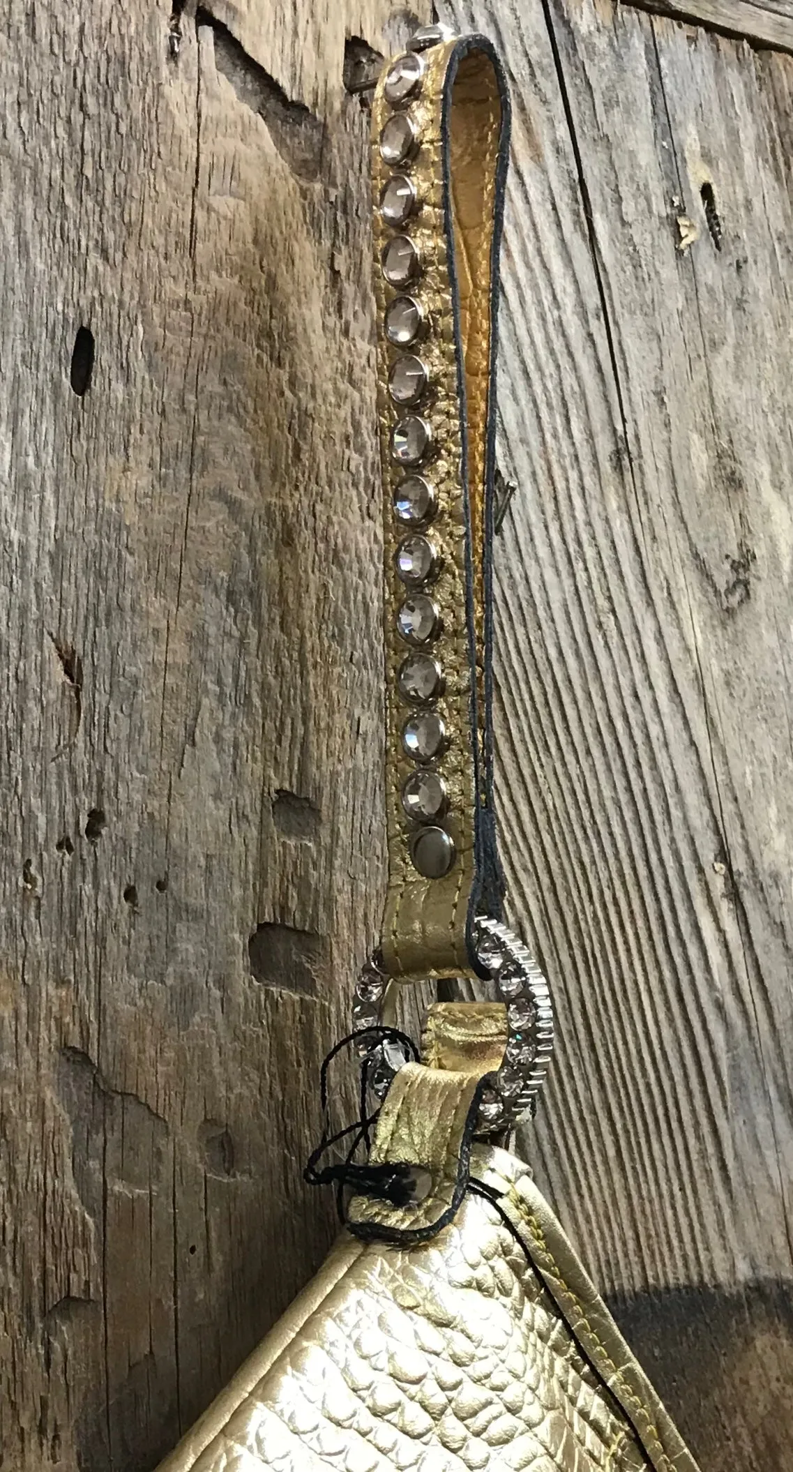 Gold Croc Leather With Gold Cowhide And Three Large Swarovski Crystals