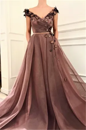 Gorgeous Brown Prom Party Gowns| V-Neck Ball Gown Evening Gowns