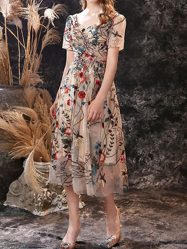 Gorgeous Evening Dress A-Line Jewel Neck Lace Tea-Length Social Pageant Dresses