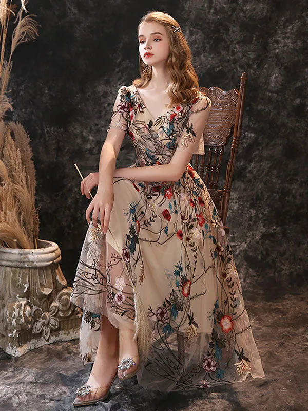 Gorgeous Evening Dress A-Line Jewel Neck Lace Tea-Length Social Pageant Dresses
