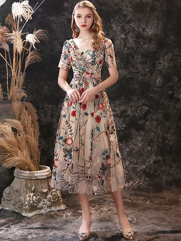 Gorgeous Evening Dress A-Line Jewel Neck Lace Tea-Length Social Pageant Dresses