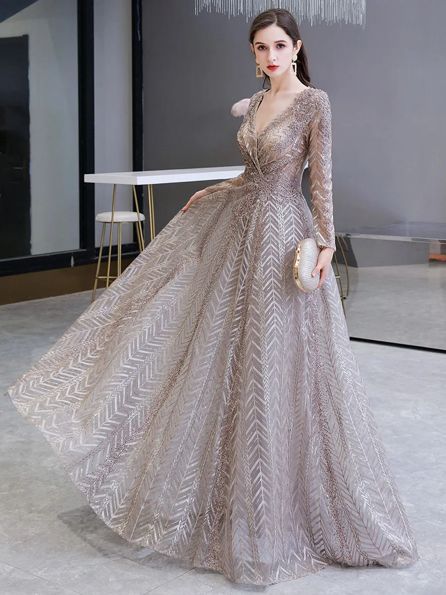 Gorgeous Evening Dress Princess Silhouette V Neck Long Sleeve Lace Sequins Floor Length Social Party Dresses