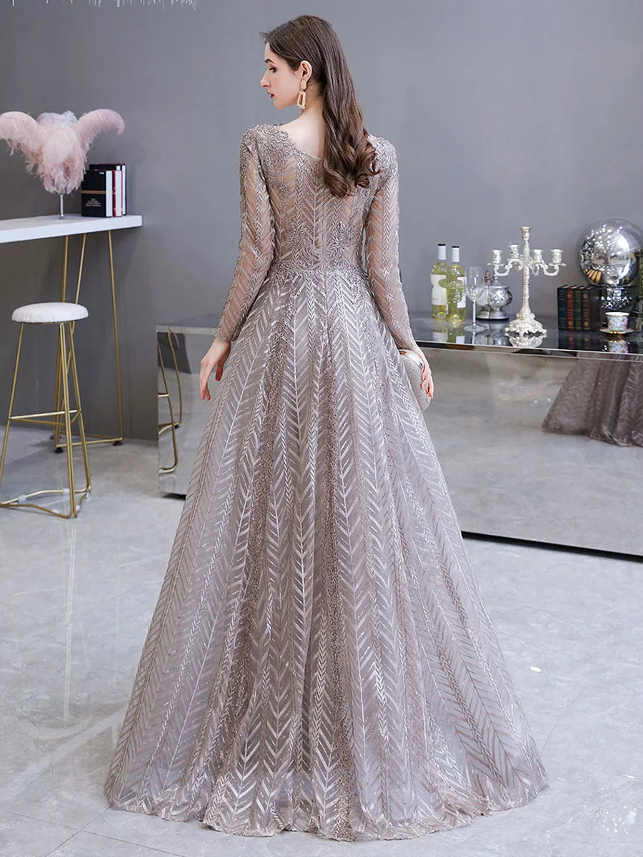 Gorgeous Evening Dress Princess Silhouette V Neck Long Sleeve Lace Sequins Floor Length Social Party Dresses