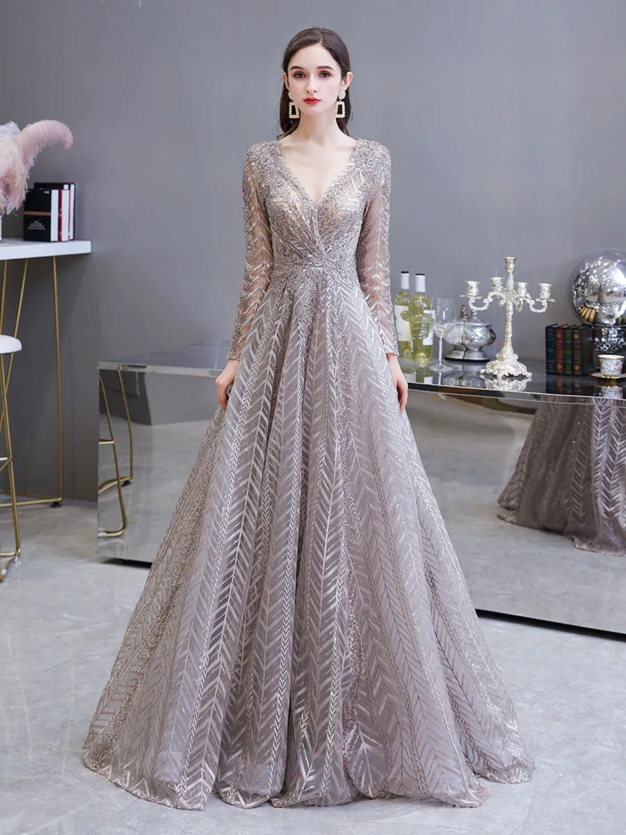 Gorgeous Evening Dress Princess Silhouette V Neck Long Sleeve Lace Sequins Floor Length Social Party Dresses
