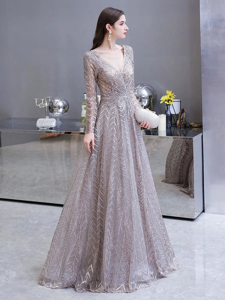 Gorgeous Evening Dress Princess Silhouette V Neck Long Sleeve Lace Sequins Floor Length Social Party Dresses